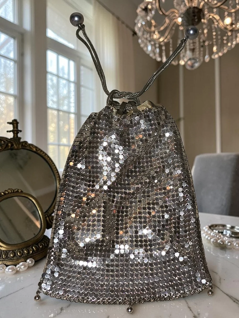 Vintage Whiting & Davis Style Silver Metal Mesh Drawstring Bag Purse Disco